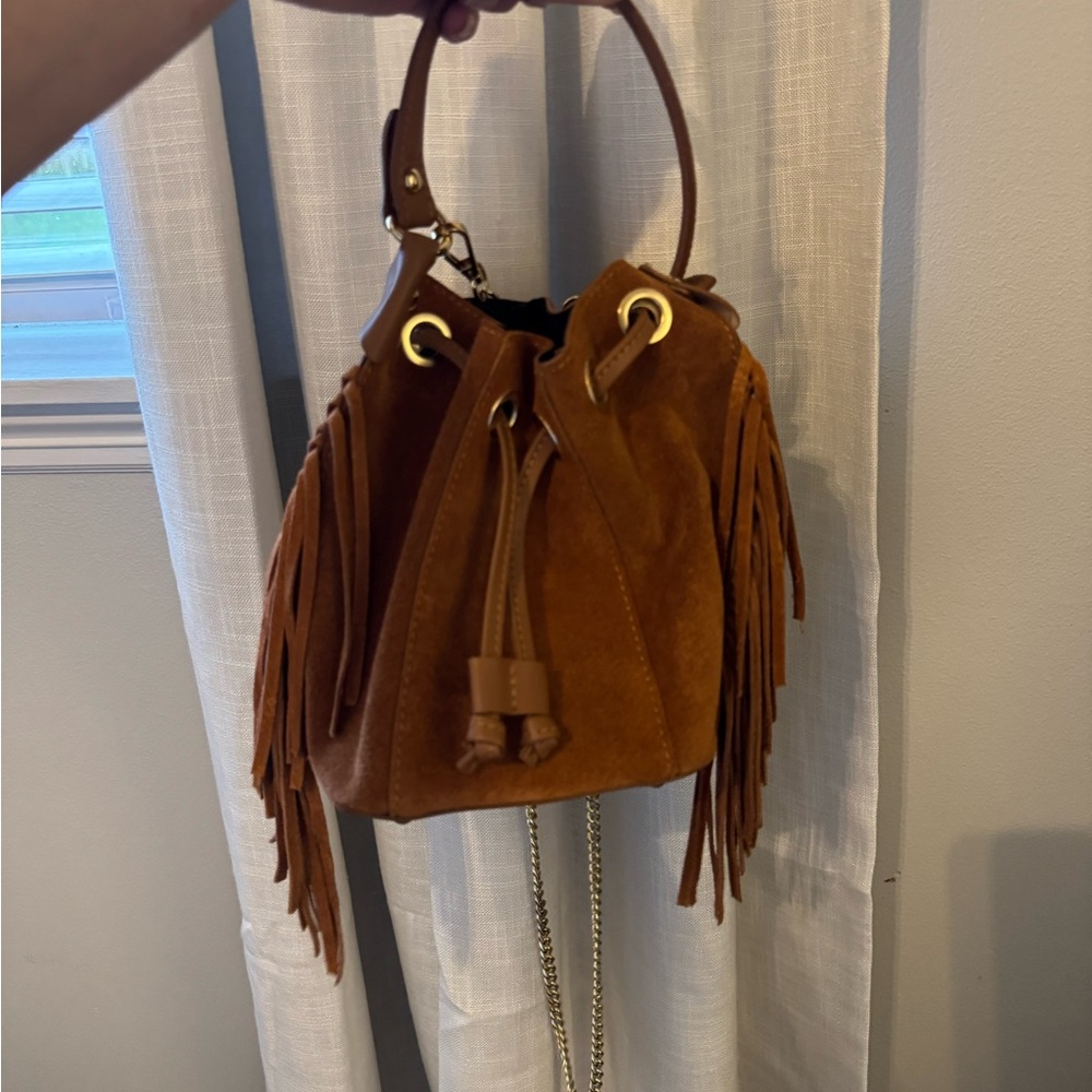 Fringed Suede Bucket Bag - Brown